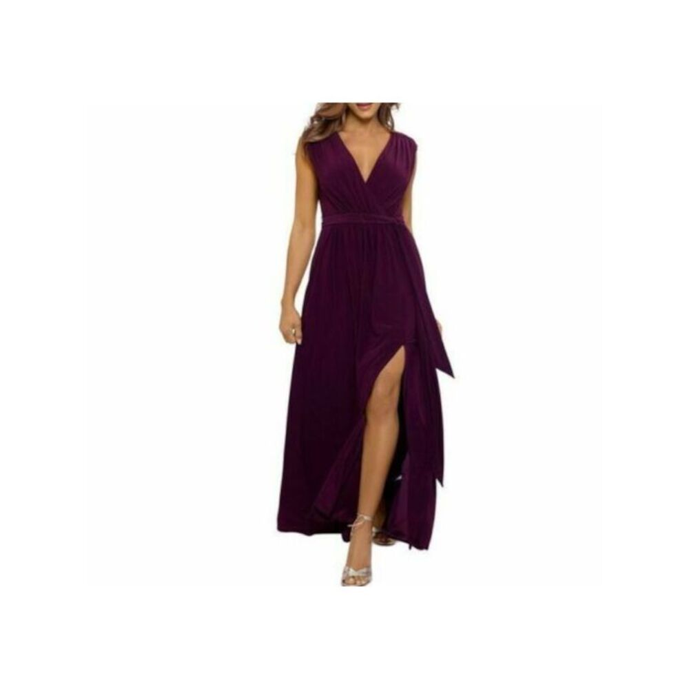 AQUA Womens Purple Self-tie Belt High Slit Sleeveless Formal Gown Dress 4